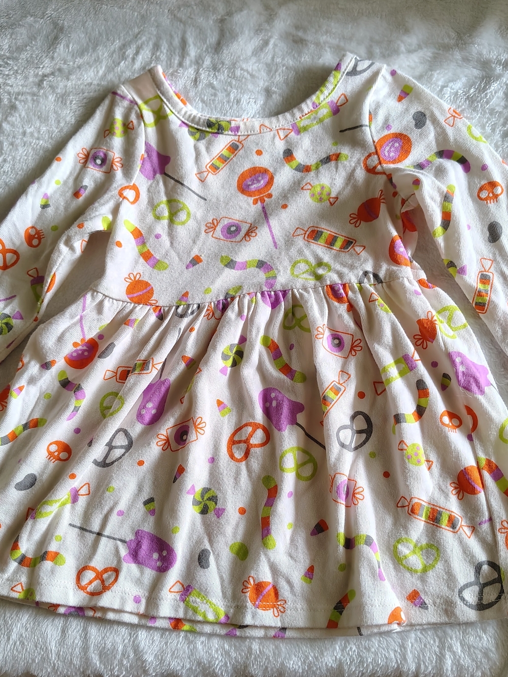 Cat & Jack White Long Sleeve Dress with Orange, Purple & Green Candy Print